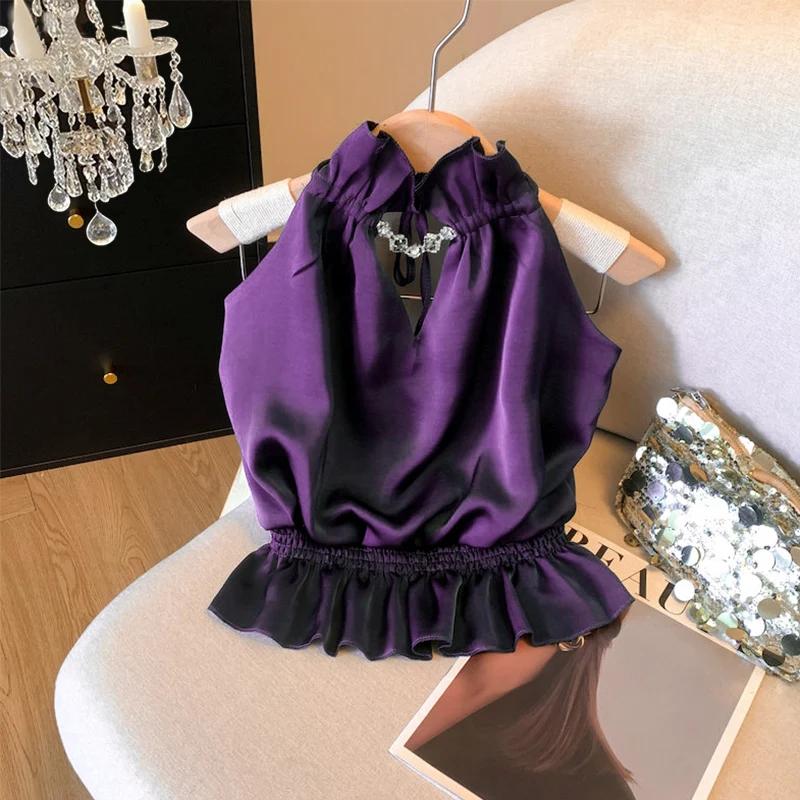 シルクサテンネックストラップベスト レディース 夏 2025 Vネック ノースリーブ ユニーク 美しい 小さめトップス 高級感