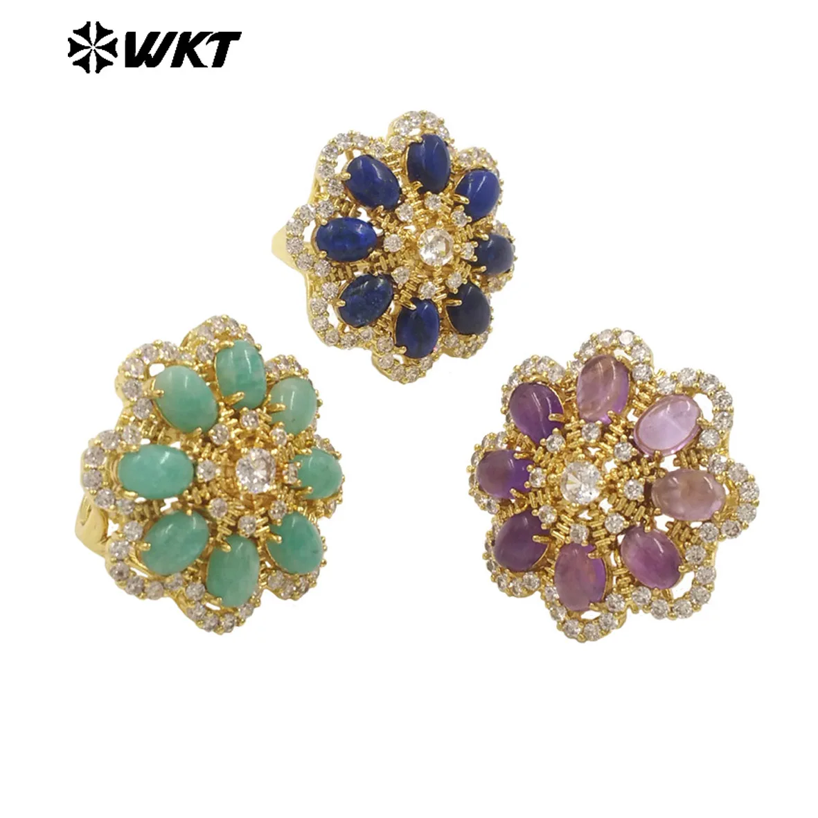 

WT-R542 Wholesale Fashion Gold Micropave Cubic Zircon With Natural Gemstone Setting Beautiful Women Flower Ring