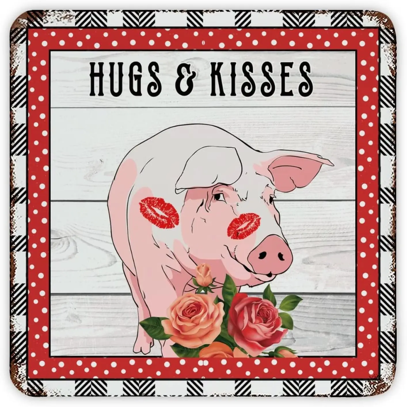 Metal Sign Plaque Valentine's Day Farm Animal Piggy Hugs And Kisses Vintage Room Wall Sign Plaque Retro Metal Poster for