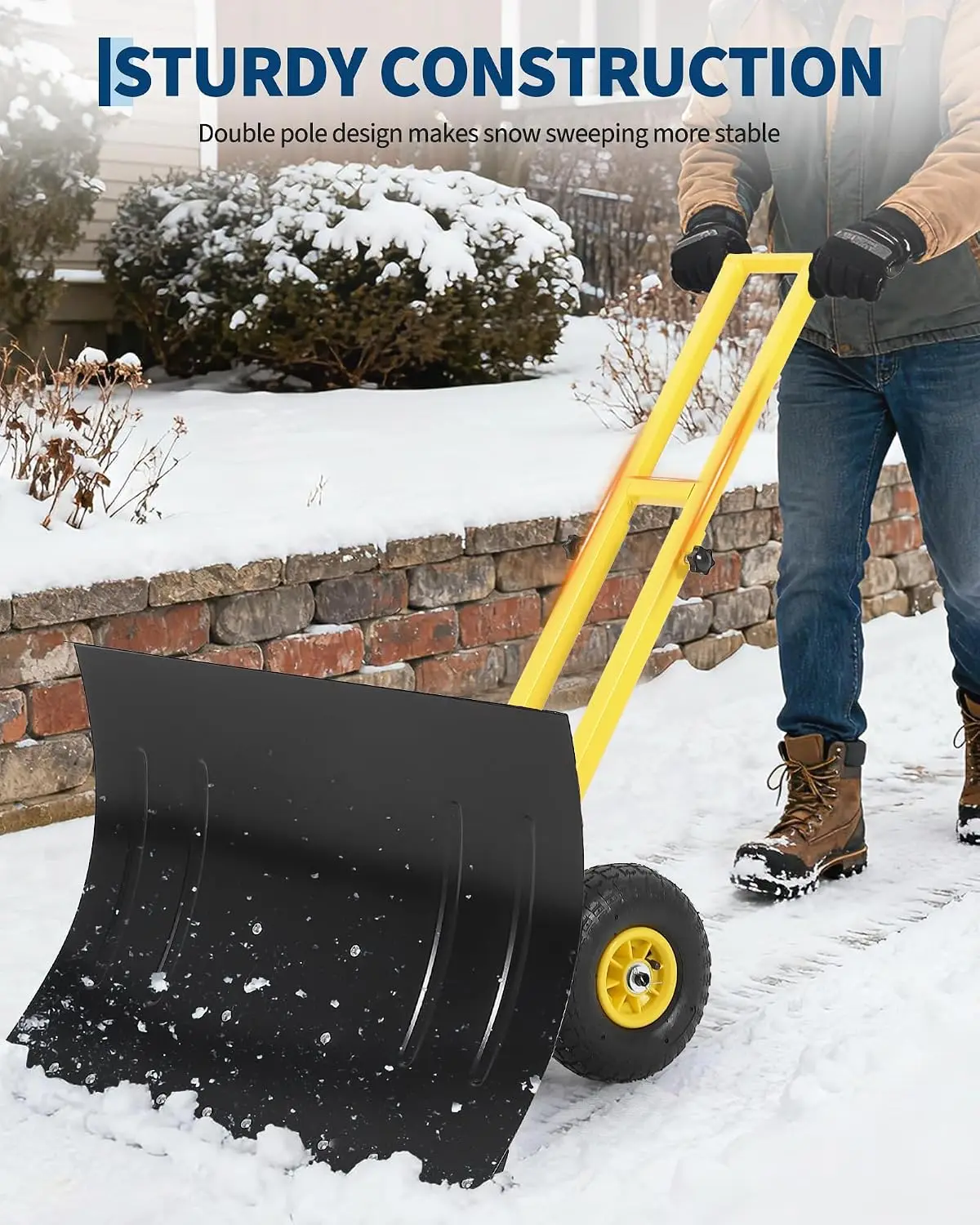 Winter Snow Pusher Heavy-Duty Metal Snow Shovel with Wheels Snow Shovel For Driveway with 5-Position Angled Blade,Ergonomic Dual handle, Rubber tires,Ideal for Sidewalk, Doorway