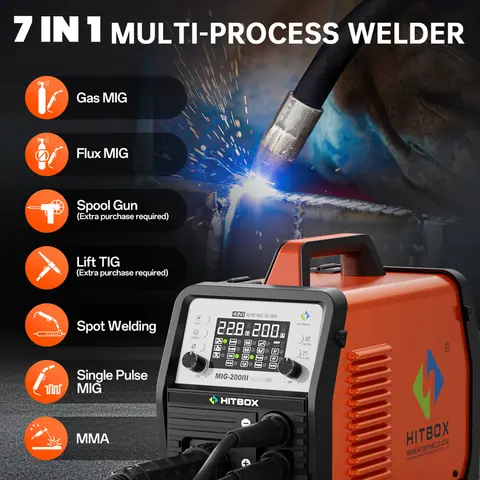 HITBOX MIG Welder Synergy Control Stainless Steel Iron Steel Welder Multiful 220V Aluminum Welding Machine MIG ARC TIG MIG200III