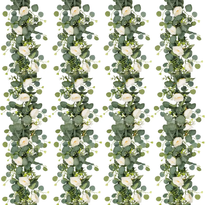 

6ft Artificial Eucalyptus Flowers Garland Fake Rose Flower Greenery Wreath Floral Vine for Wedding Home Party Table Runner Decor
