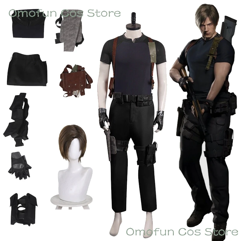 re4-req-レオンコスプレ衣装ウィッグ男性悪のレクイエムレオンレオンスコット-s-ケネディハロウィンゲームロールプレイシャツパンツベルト手袋
