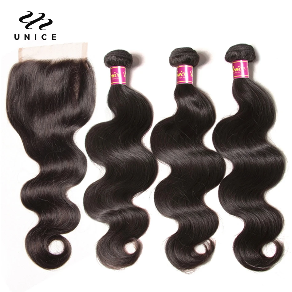 UNICE Hair Body Wave Bundles With 5X5 HD Lace Closure Human Hair Bundles With 4X4 Lace Closure 8-30 Inch Human Hair Weave Bundle