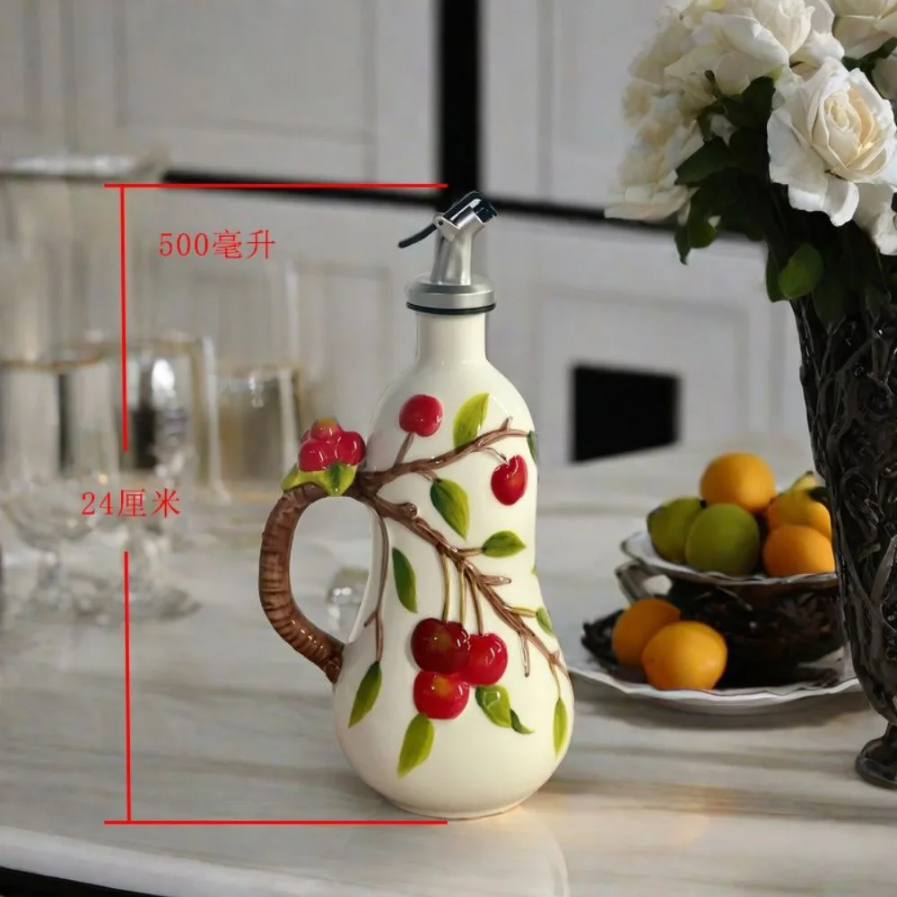 Pote de tempero de cereja em relevo, utensílios de cozinha domésticos de cerâmica de esmalte, pote de vinagre, material de garrafa de óleo pote de vinho