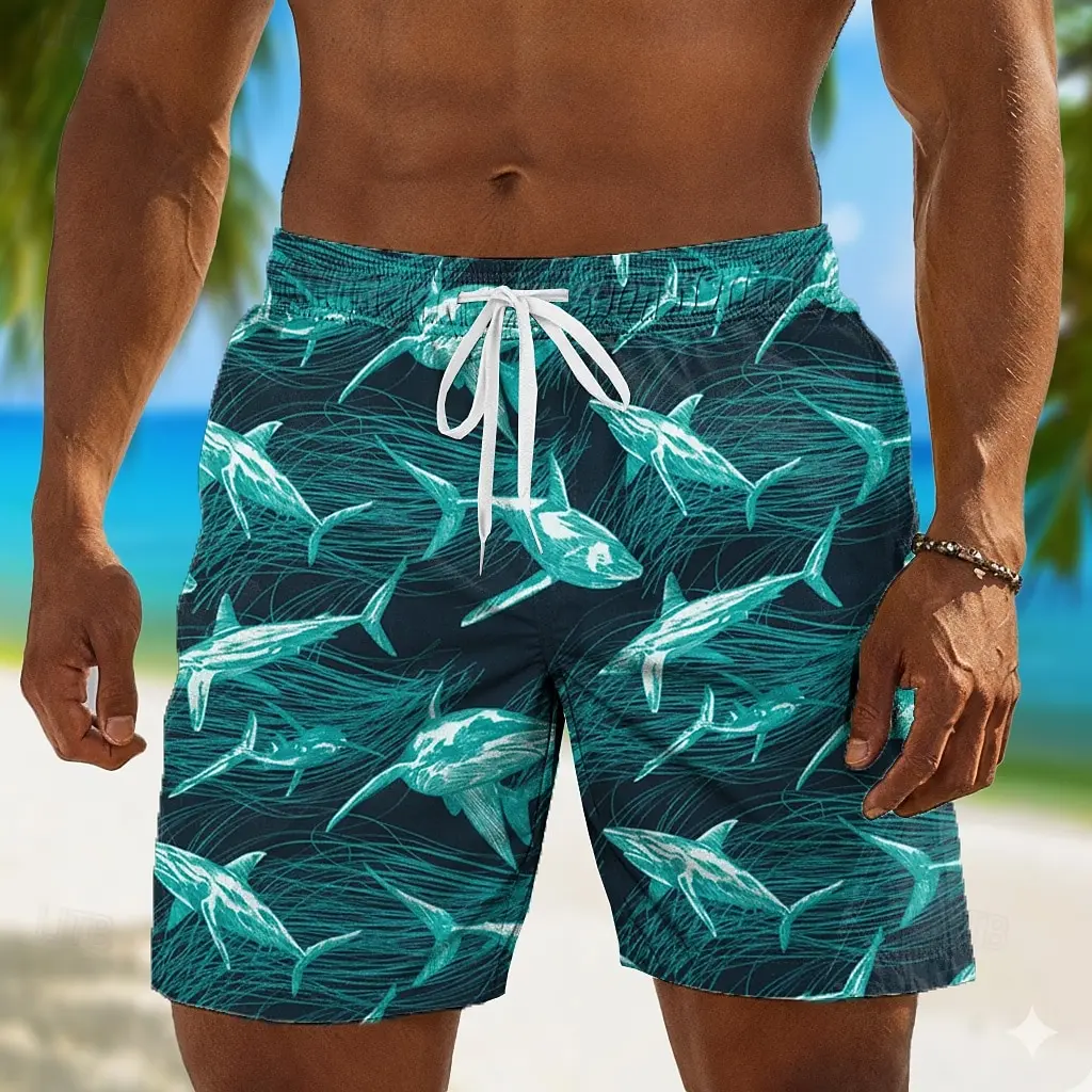 Men's Navy Blue Shark Print Drawstring Shorts, Casual Loose Swim Trunks For Spring Summer Beach & Vacation Wear