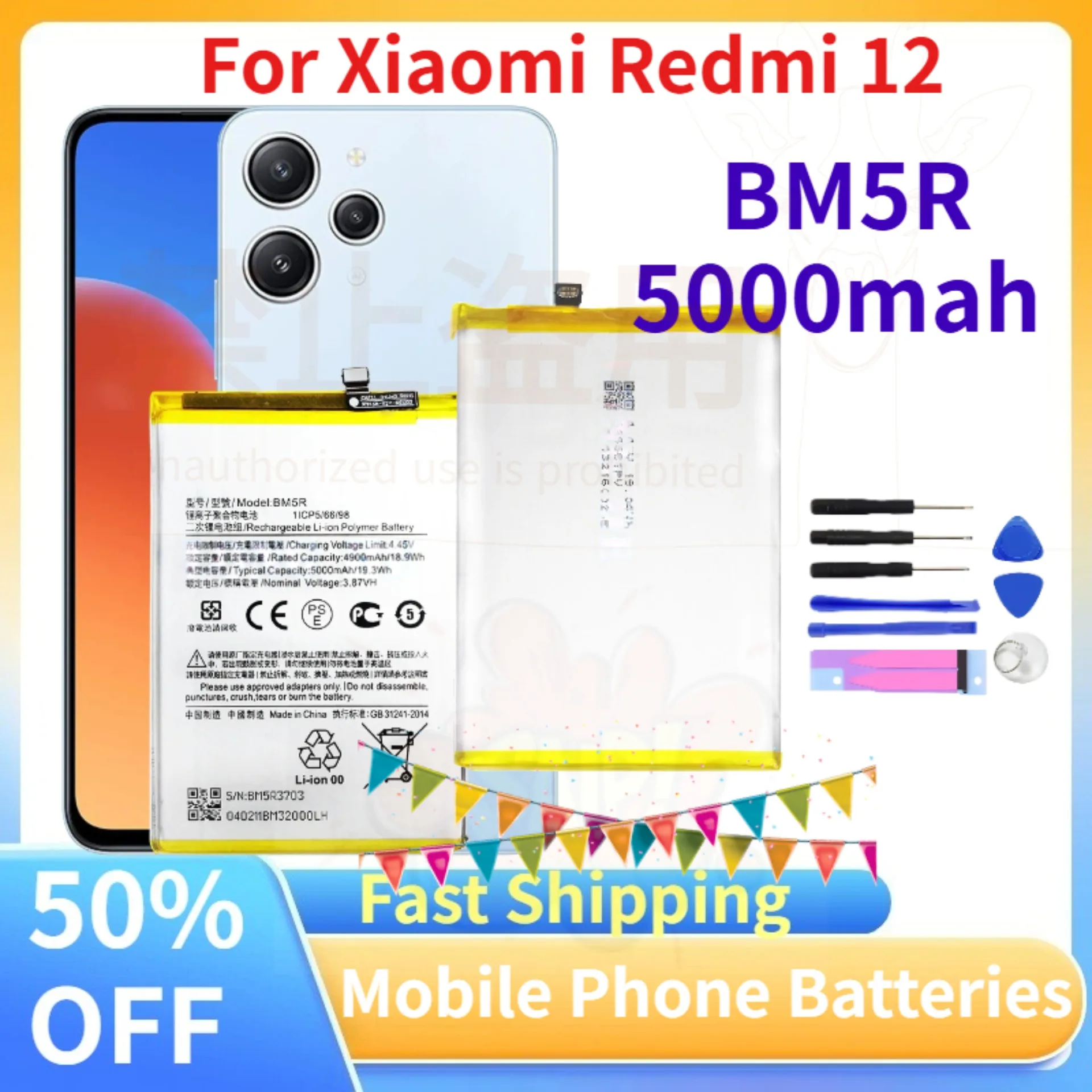 

New Upgrade 5000mah BM5R Battery For Xiaomi Mi Redmi 12 23053RN02A 23053RN02Y 23053RN02I Phone Replacement Batteries+Tools