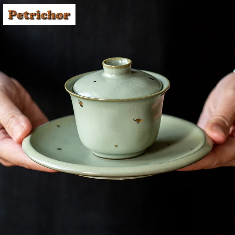 

120ml Sprinkle Gold Glaze Ru Kiln Gaiwan Antique Tea Tureen Tea Bowl With Lid Kit Tea Brewing Cover Bowl Kung Fu Tea Set Gift