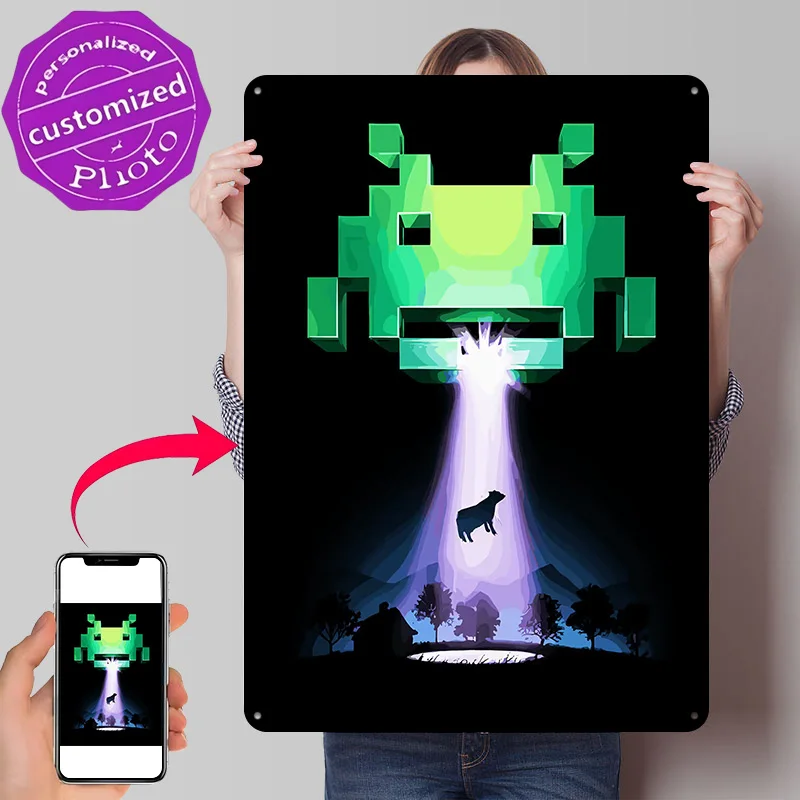 Space Invader Abducts Cow Personalized 3D Textured Metal Poster Wall Art Vintage Tin Signs for Home Decorations Room Ornaments