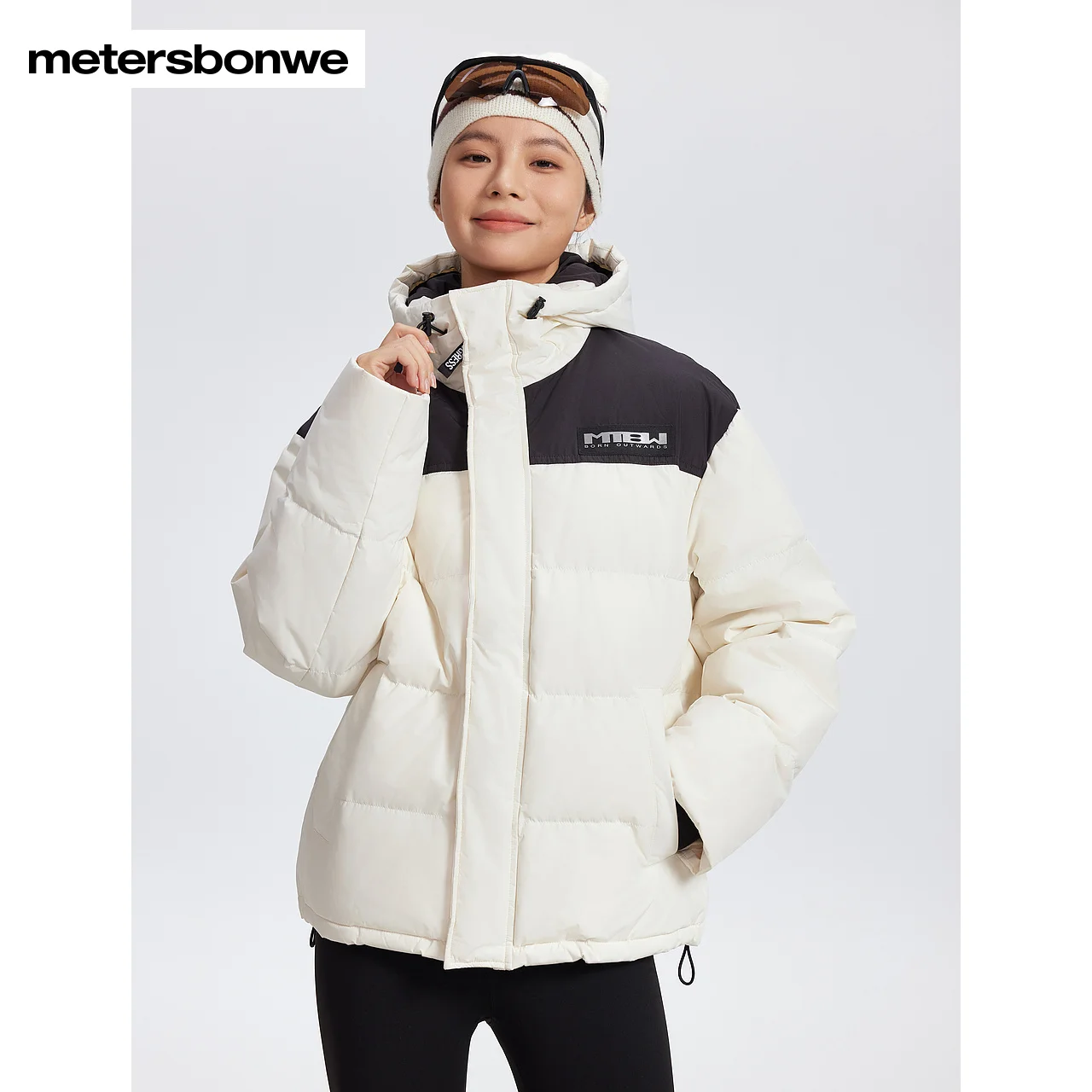 

Metersbonwe-Men Women's Color Clash Loose Down Jacket High Collar Hooded And Adjustable Drawstring Windproof Couple Warm Wear