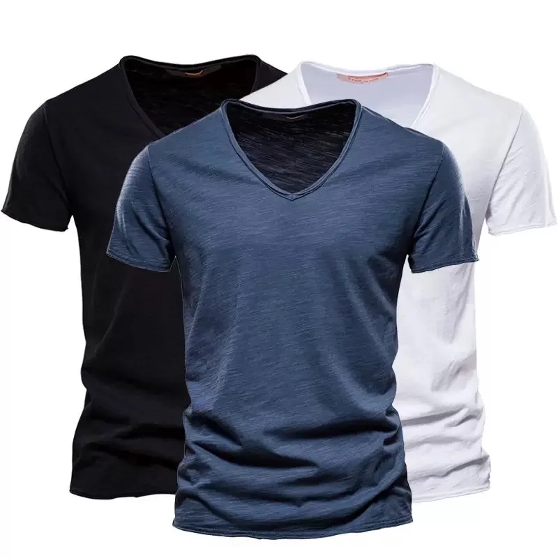 New 100% Cotton Men T Shirt Tops V Neck Thin Short Sleeve Tees High Quality Men's Fashion Fitness Hot T-shirt For Men Size S-5XL