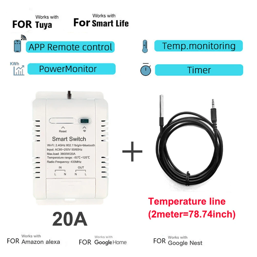 Sensore interruttore di temperatura 16A 20A 96x45x31 Mm ABS APP telecomando Rf433 sensore Monitor termostato pratico