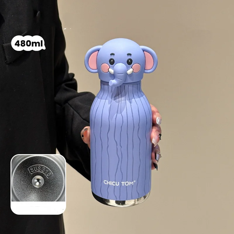 Kids Cute Animal Thermos 480ml Stainless Steel Straw Water Bottle For School Outdoor Travel view 4