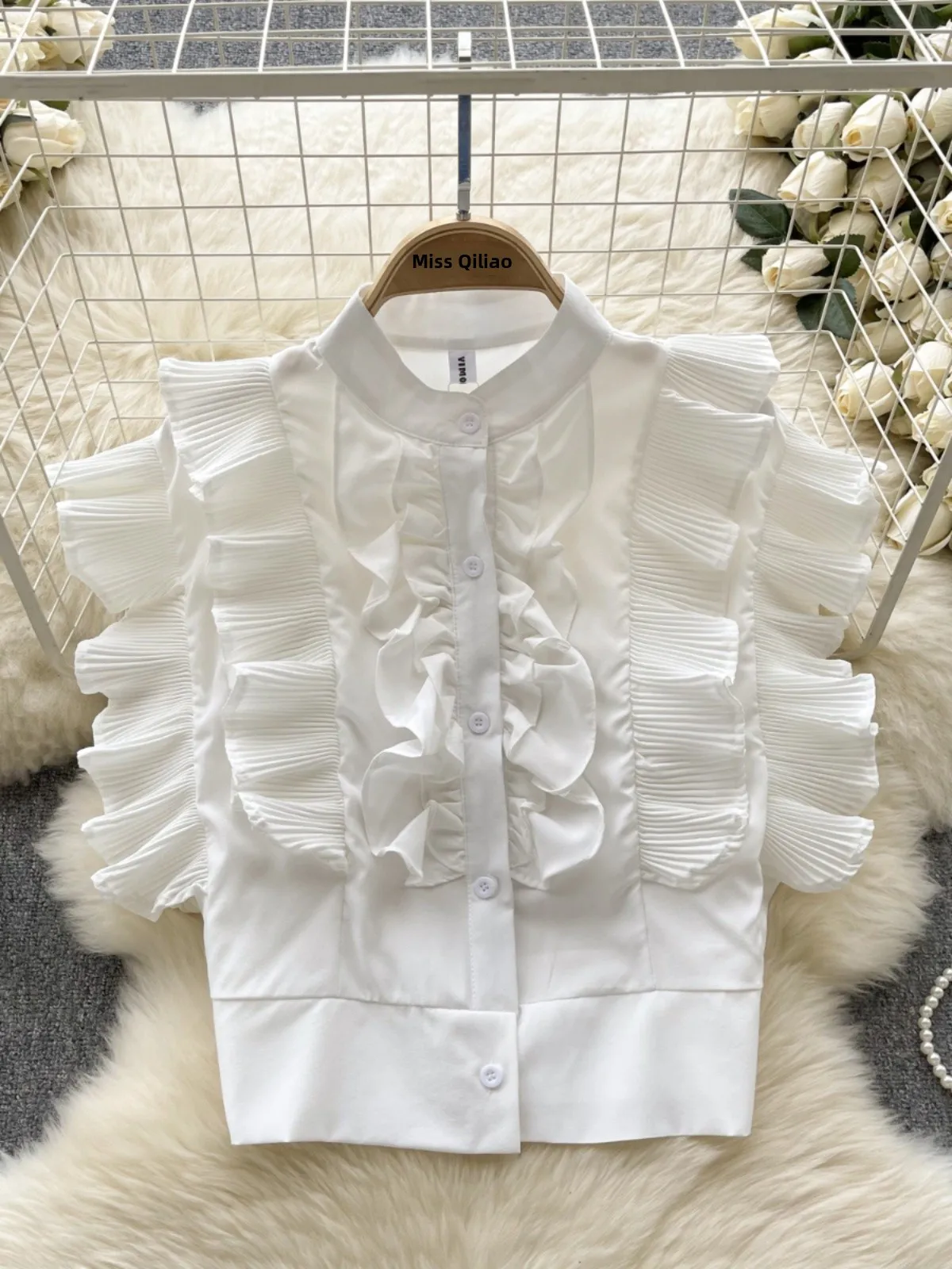 

Ele ort Sve irt Women's Pleated Wood ain Design Korean Sle Commute Faion Casual Loose Fit Top