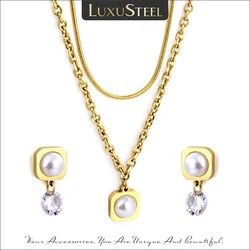 LUXUSTEEL Vintage Imitation Pearl Crystal Necklace Earrings Sets for Women Gilrs Golden Color Stainless Steel Rolo Snake Chain