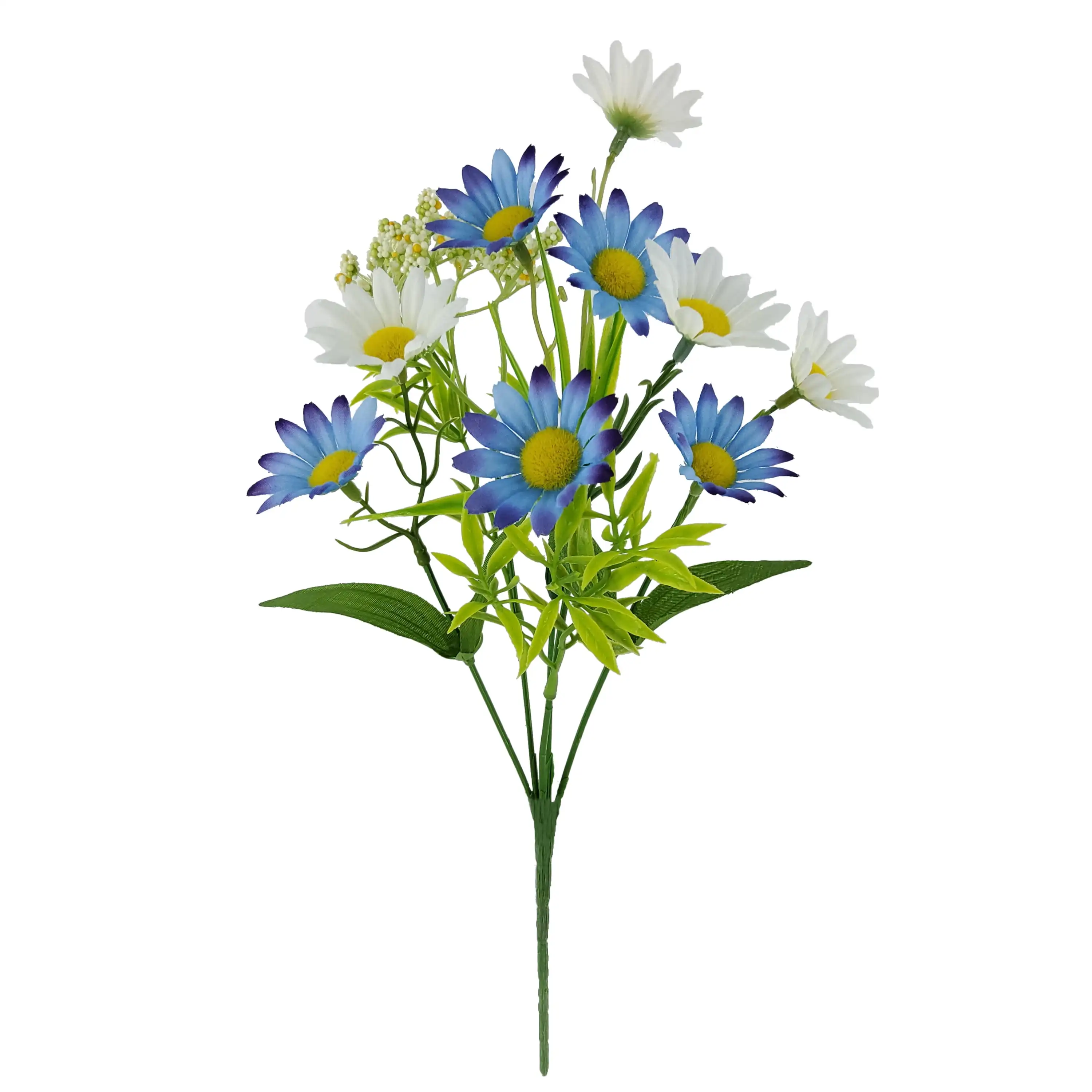 Escolha de margaridas artificiais internas de 14 polegadas, cor azul e branca.