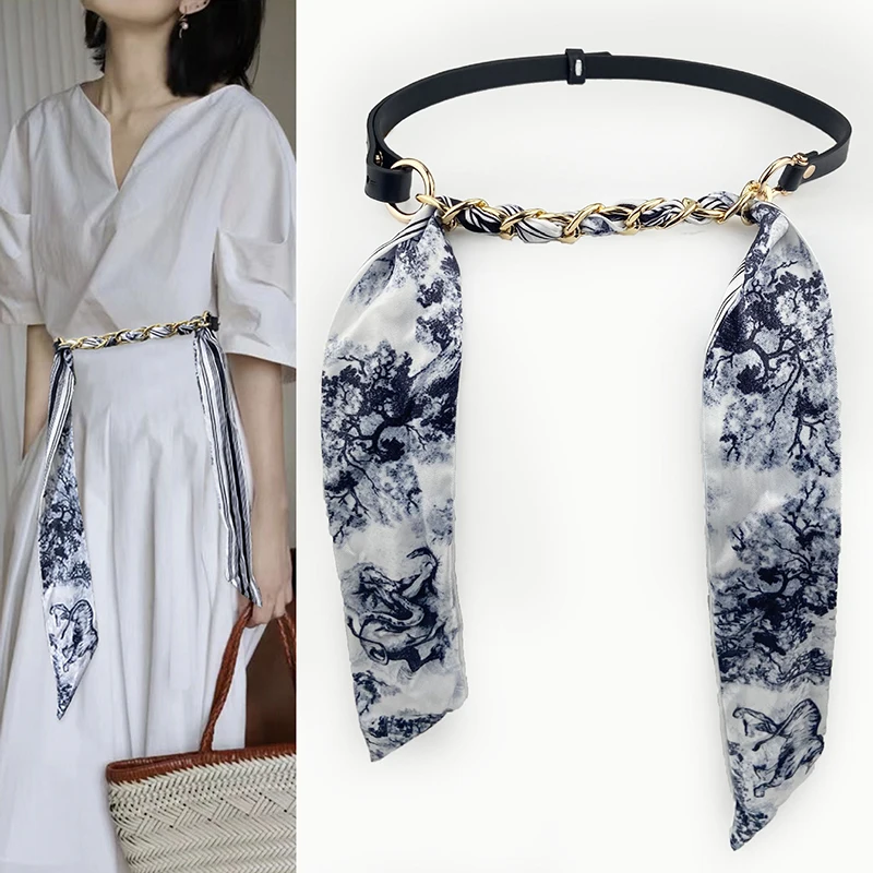 

Women Silk Belt Casual Waistband with Adjustable Buckle Scarf Print Flower Belt Girl Belts Jeans Waist Strap Cloth Accessories