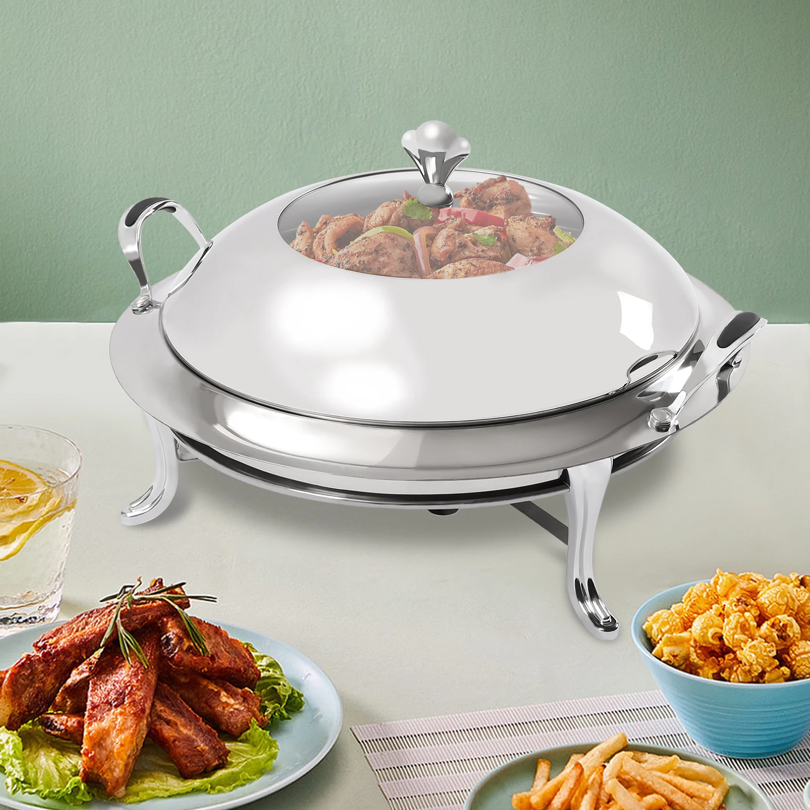 

28cm Food Serving Tray, Chafing Dish, Buffet Warmer, Silver Stainless Steel, Handle Design, Group Dining, Hotel Restaurant