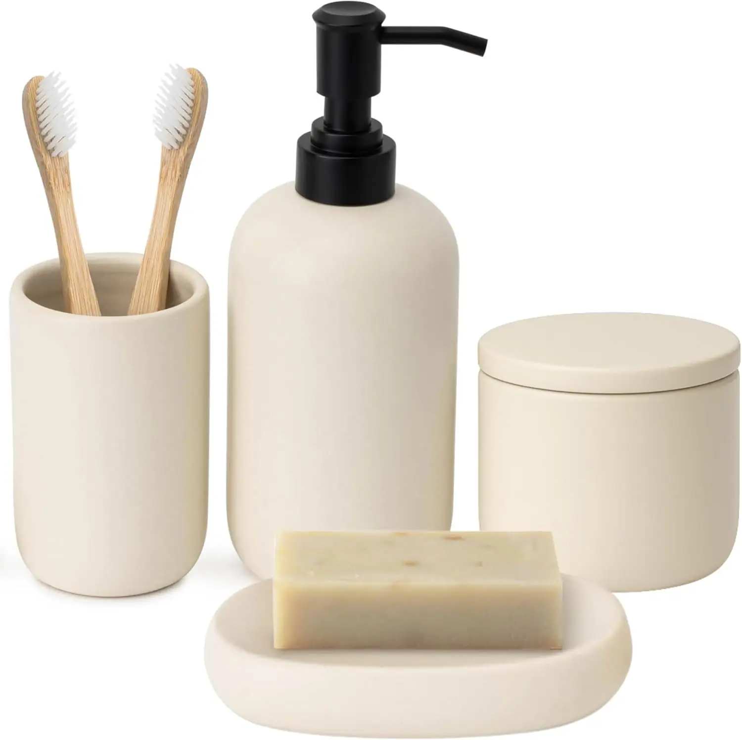 

Ceramic Bathroom Accessories Set 4 Pcs – Modern Scandinavian Neutral Bathroom Soap Dispenser Set with Toothbrush Holder, Soap Di