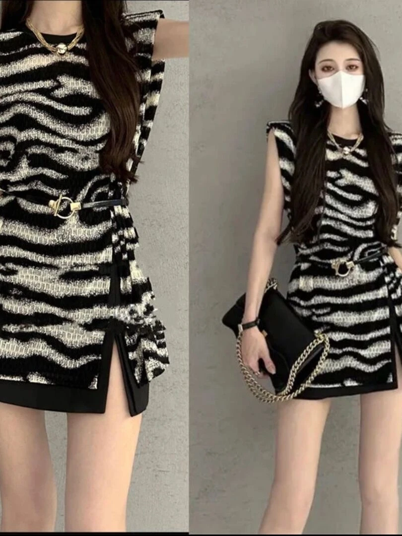 

Ретро-платье с зебровым принтом, круглым вырезом, А-силуэта, женское, летнее, приталенное, с разрезом, короткое, в корейском стиле, для повседневной носки