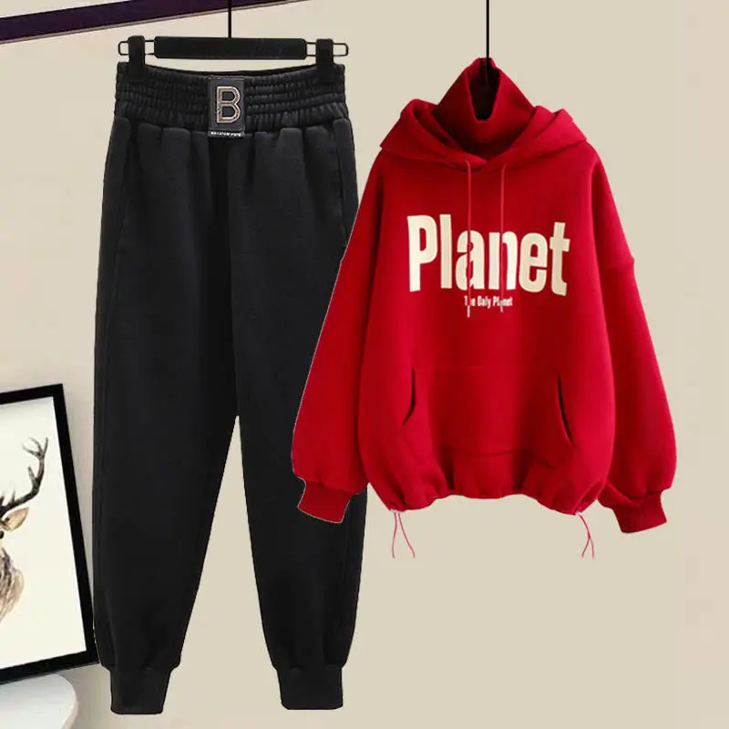 Autumn and Winter Women\'s Set New Korean Thickened Sweatpants Set Female Student High Collar Hooded Top Two Piece Set