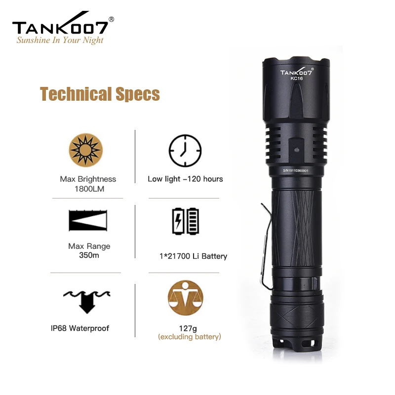 TANK007 KC16 Outdoor Tactical Police High Power LUMINUS LED 1800 Lumens Flashlight 21700 Li-ion Battery Type C USB Rechargeable