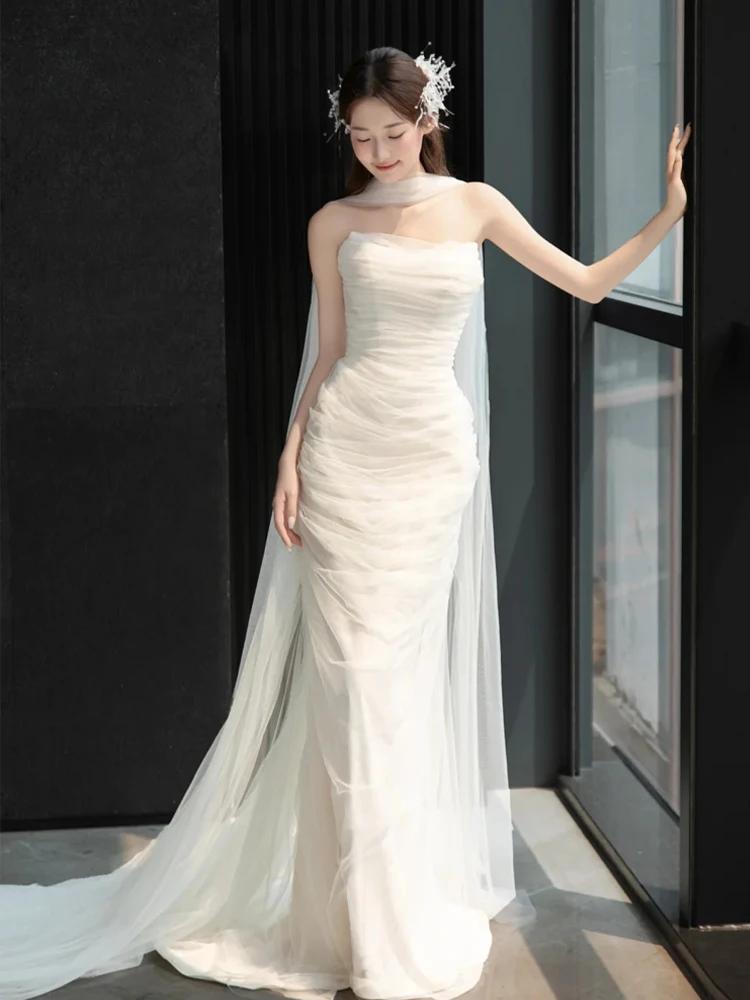 

Slimming Effect White Wedding Dr awl Light Veil Bridesmaid Morning oot Sweet Sle High Waist Long Skirt Polyester