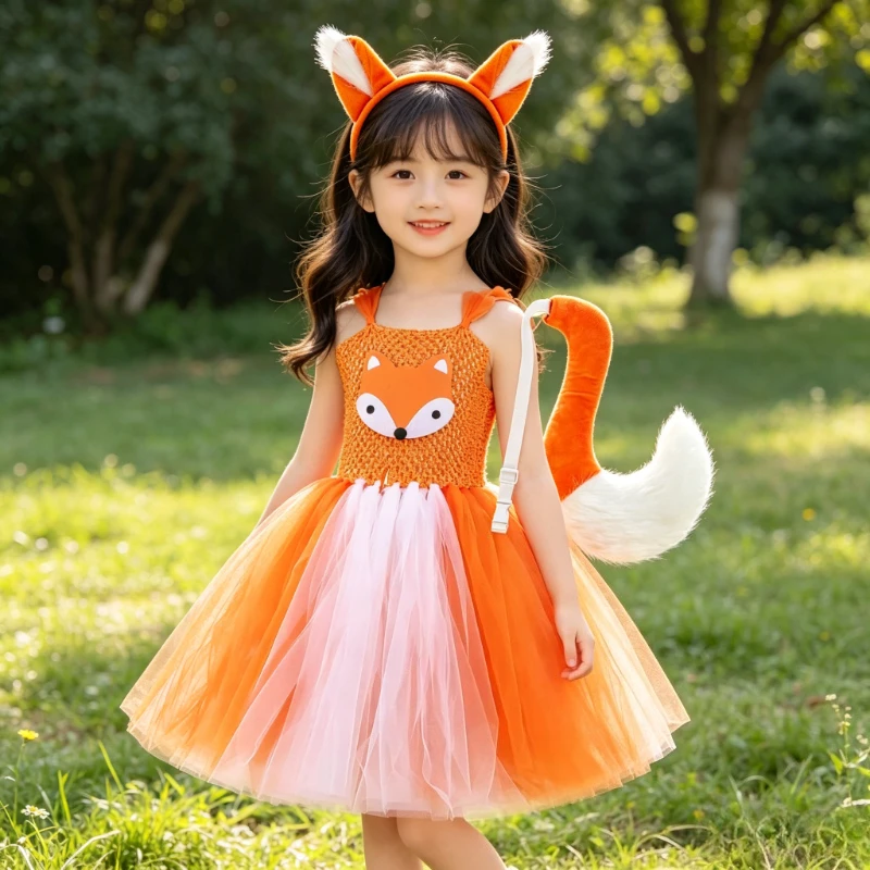 Kids Halloween Dress Up Outfits White Orange Fox Long Tutu Dress for Girls Animal Carnival Full Length Costumes with Ears Tail