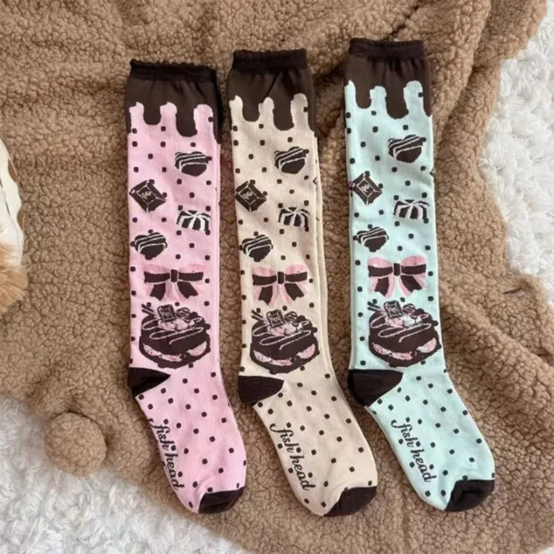 1/3 Pares de Calcetines de Pantorrilla para Mujer con Lazo de Chocolate, Galleta y Pastel, Estilo Primavera Novedoso, Delgado, Lolita, Encaje, Dulce, para Chicas, Calcetines de Pantorrilla Clever Cake 2026