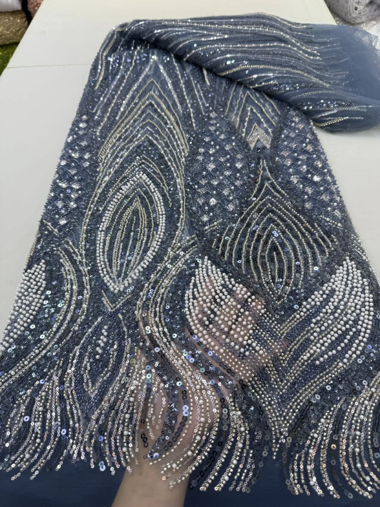 

Африканский нигерийский тюль с вышивкой блестками, кружевная ткань, сетчатая ткань, платья для выпускного вечера, камень из бисера, высокое качество, 5 ярдов, 2025 jy480