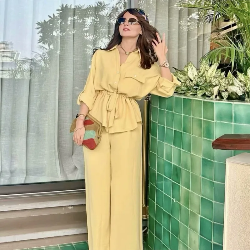 

2025 женская летняя рубашка в стиле ретро с длинными рукавами и шнурком, повседневный комплект брюк, комплект из двух предметов, повседневная одежда, уличная повседневная летняя одежда