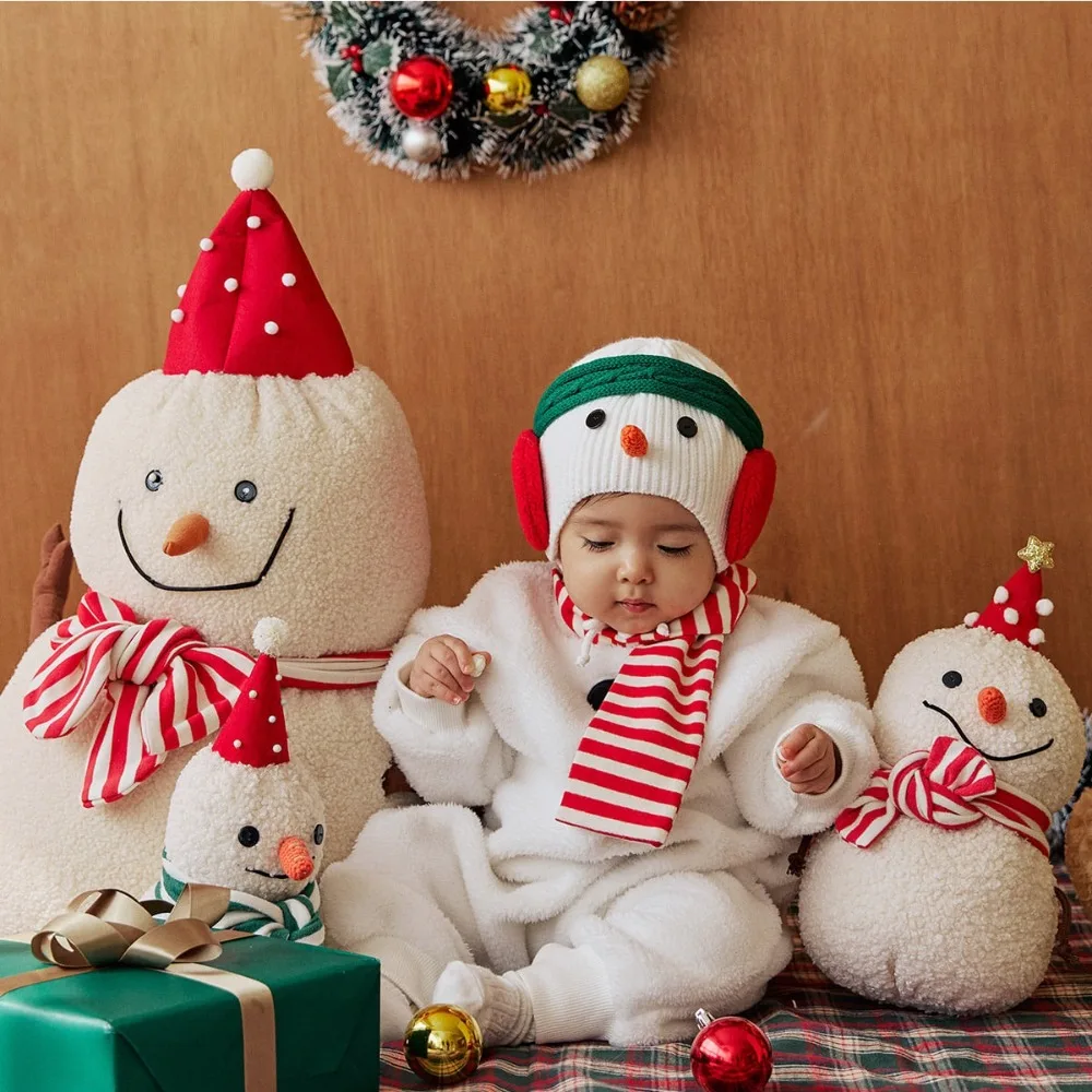 Christmas Baby Girls Boys Clothes Onesie White Fleece Warm Rompers Jumpsuit+Scarf+Cute Snowman Hat Toddler Xmas Outfits