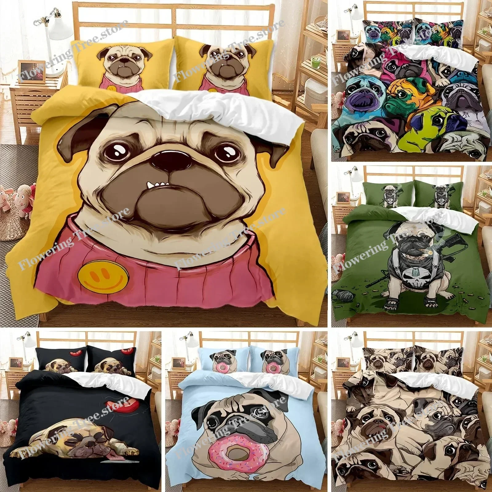 

Cartoon Pug Duvet Cover Set QueenKing Size Cute Puppy Theme Bedding Set Golden Retriever Husky Pet Soft Polyester Quilt Cover