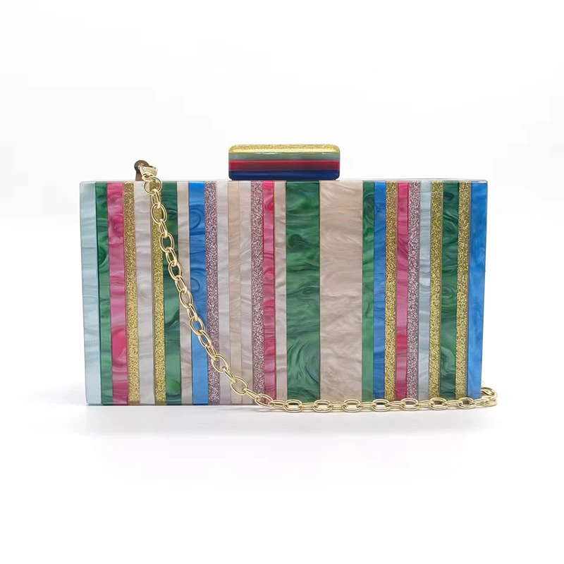 New Women's Wallet Designer Luxury Brand Acrylic Evening Bags Gold Sequins Handbag Colorful Pearl Striped Patchwork Clutch Purse