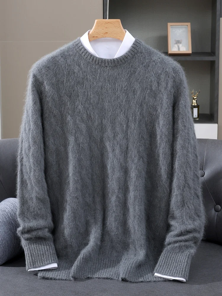 

100% Mink Cashmere Cable Stitch O-Neck Basic Sweater Comfort Soft Pullover Thick Warm Autumn Winter Casual Loose Men's Clothing