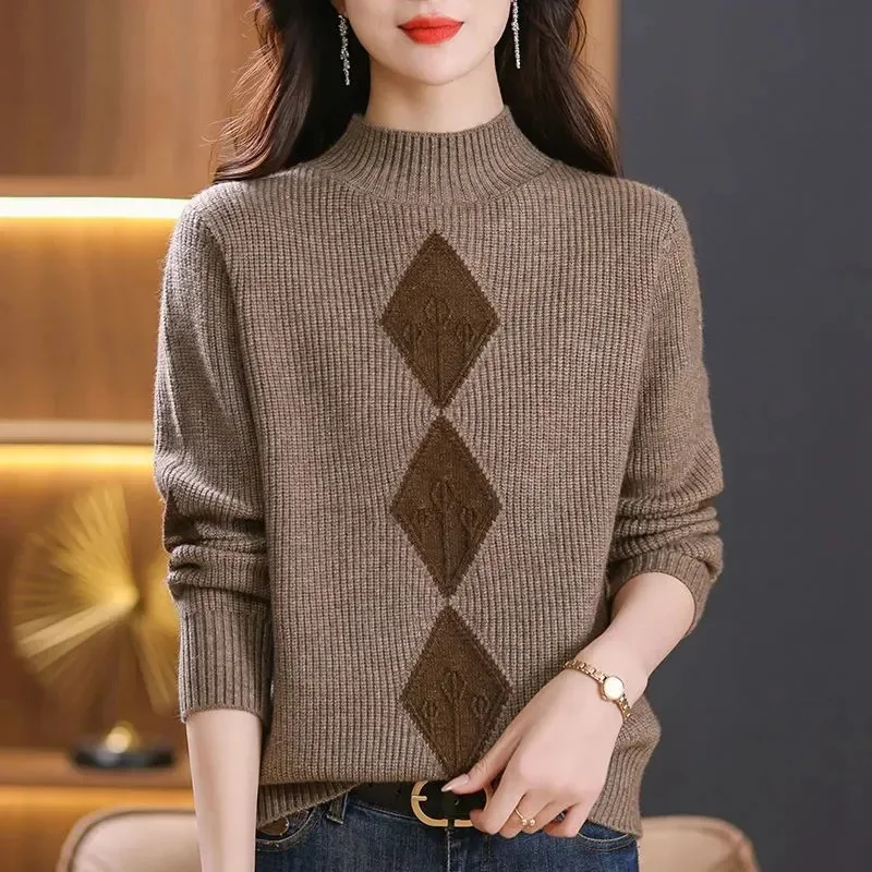 Autumn Winter Women Half Turtleneck Sweater Pullovers Color Block Long Sleeves Knitted Sweater Bottoming Shirt Female Knit Tops