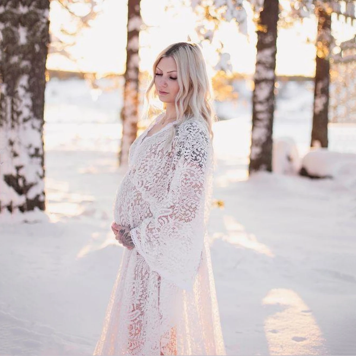 Boho Maternity Lace Dresses For Photo Shoot Pregnant Woman Photography Dress Maternity Photo Shooting Maxi Gown V-neck