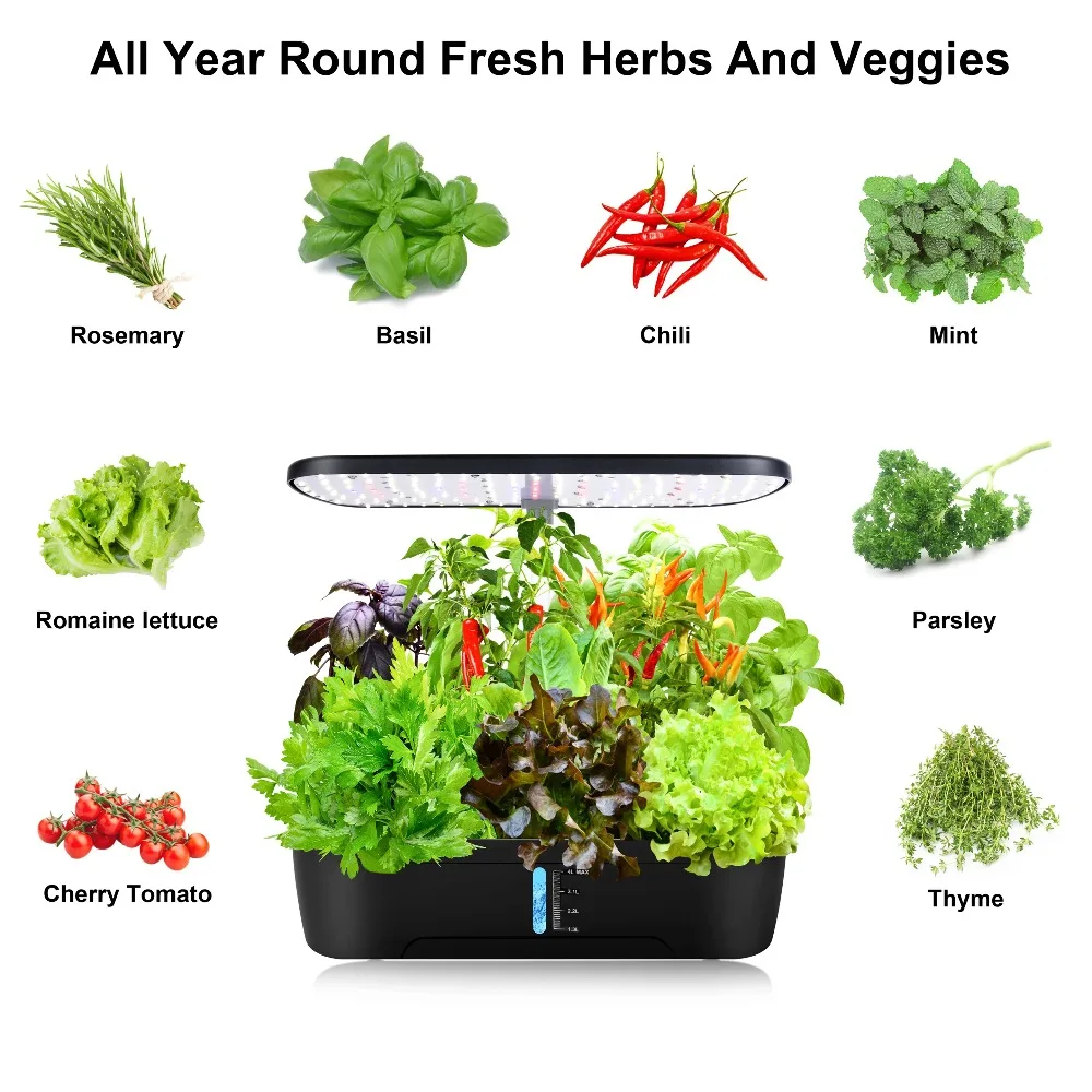 12 Pods Indoor Hydroponic Growing System Adjustable Height Herb Garden Kit 20W LED Grow Light with Auto Timer Plant Germination