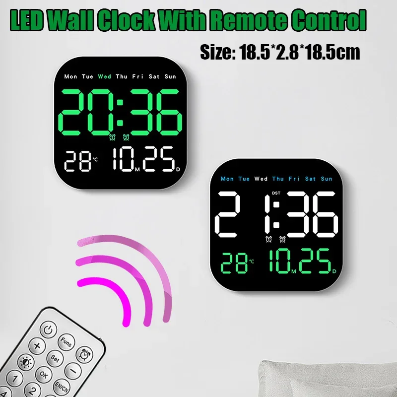 LED Wall Clock With Remote Control Display TemperatureTime Week And Date Fashion Living Room Desktop Alarm Electronic LED Clock