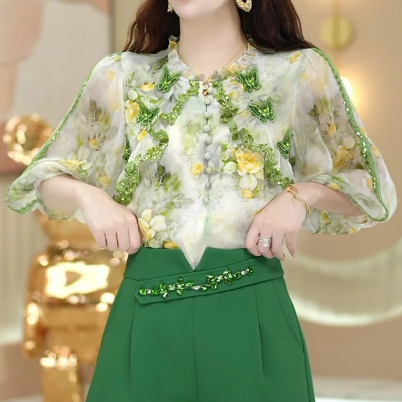 Summer New Fashion Suit Round Neck High Street Three-dimensional Flower Button Pullovers and Solid Color Pockets All-match Short