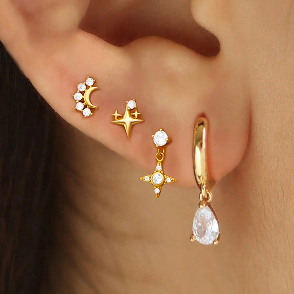 4PCS Fashion Star Moon Stainless Steel Zircon Stud Earrings Set For Women 114K Gold Plated Earring Classic Huggie Daily Jewelry