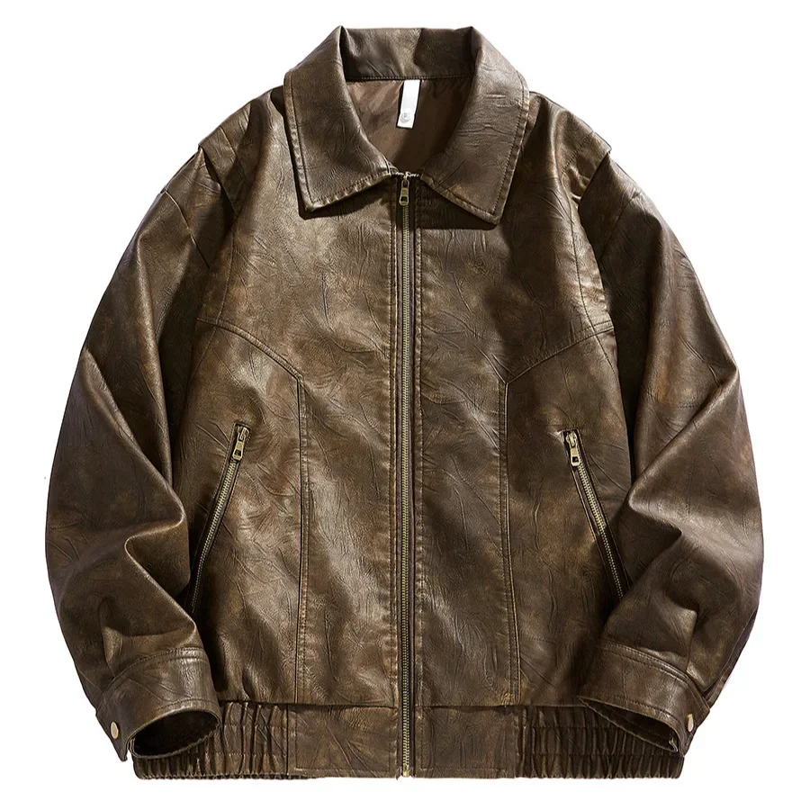 Men's Casual Jacket Lapel Collar Leather Coat Vintage Brown New Fashion Leather Jacket Slim Men's Leather Clothing