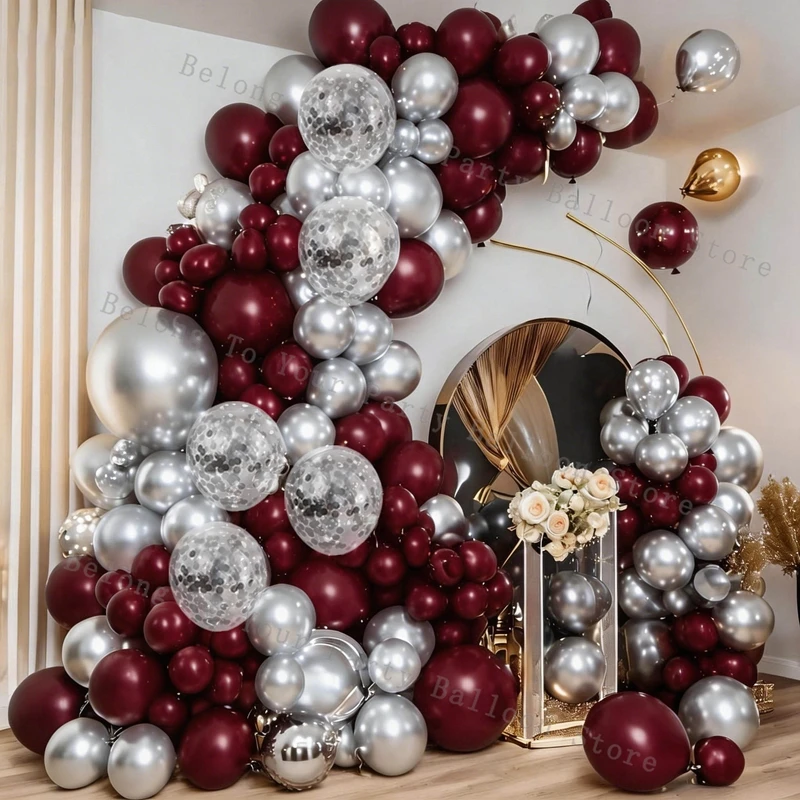 Burgundy Silver Confetti Balloon Garland Kit Wine Red Silver Confetti Ballon Arch for Wedding Birthday Party Bridal Shower Decor