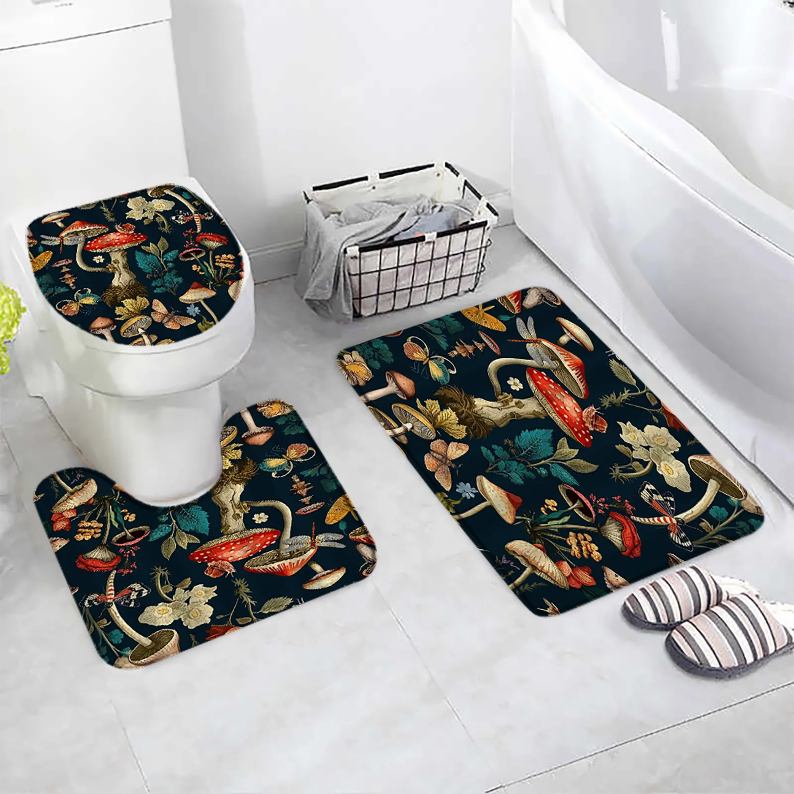 Vintage Mushroom Bath Mat Set White Daisy Floral Dragonfly Snail Green Leaves Plant Black Carpet Bathroom Decor Rug Toilet Cover