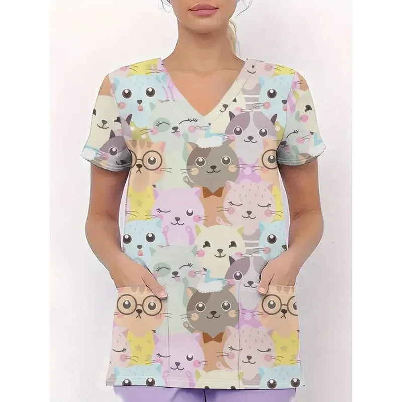 New Summer Women's Cat PrintVCollar Short SleeveTShirt Medical workwear with pockets