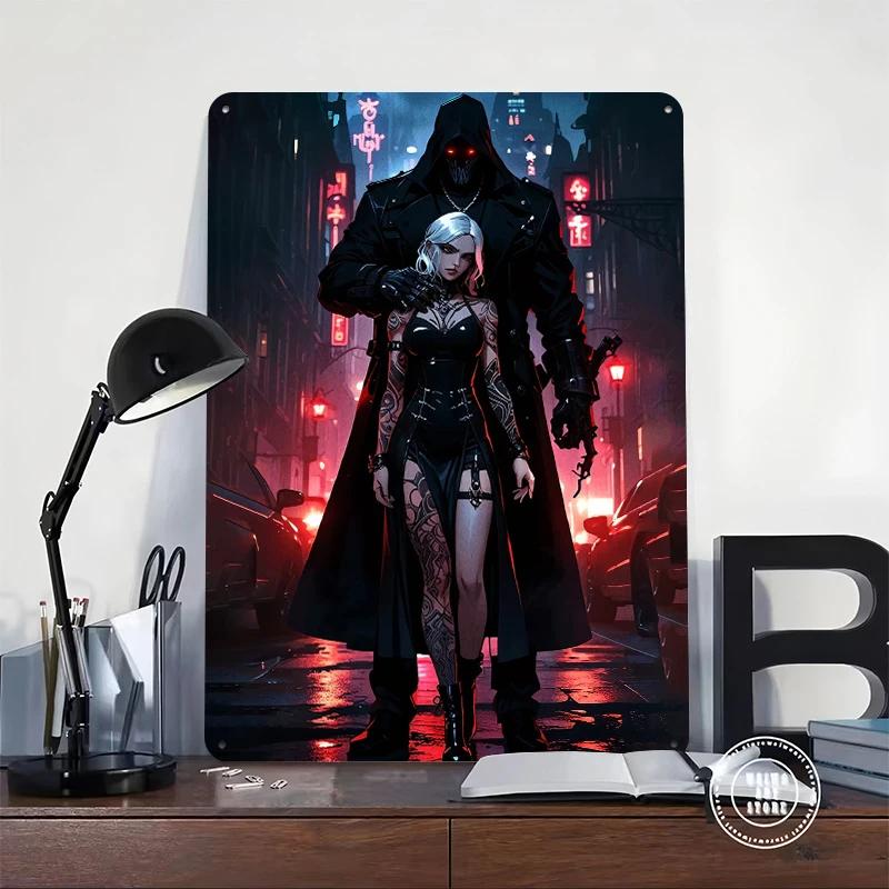 Cyberpunk Couple in Neon City Metal Poster Customized Wall Art Retro Vintage Tinplate Signs for Interior Decoration Living Room