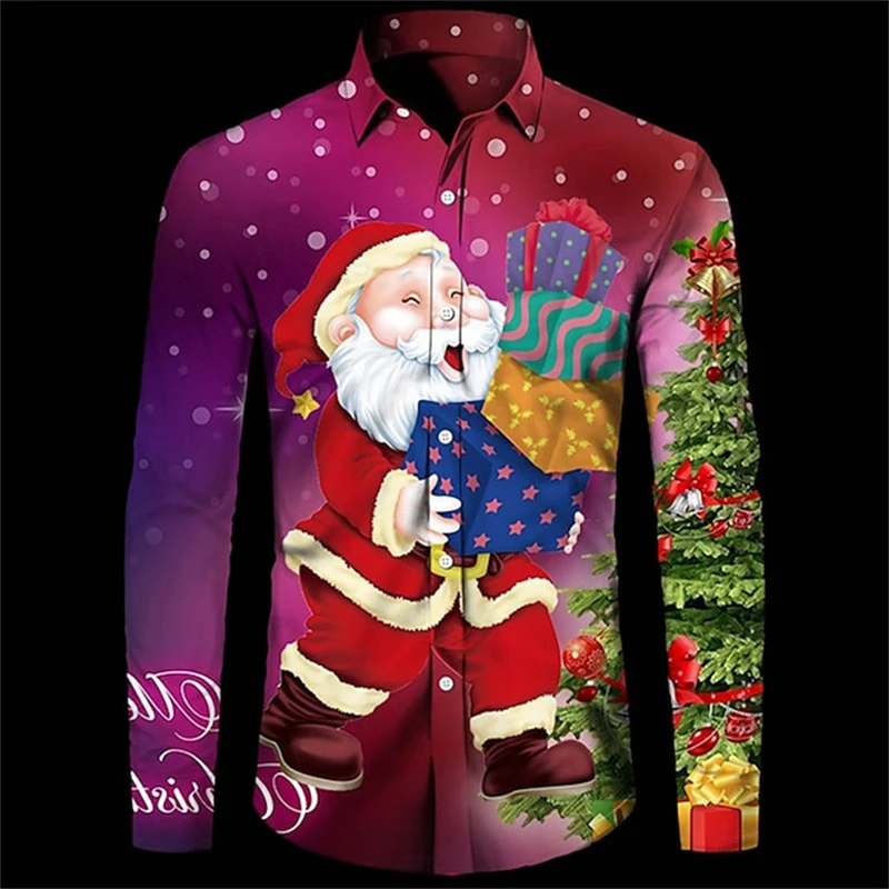 Men Turn‑Down Collar Long Sleeve Button‑Up Shirt Christmas Multi‑Element Full Print Holiday Party Casual Top