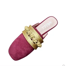 Lady Easy Walking Slippers Embroider Square Toe Wide Fits Stylish Shoes Moroccan Slides Flock Outdoor Spongy Chaussure Blue Wine