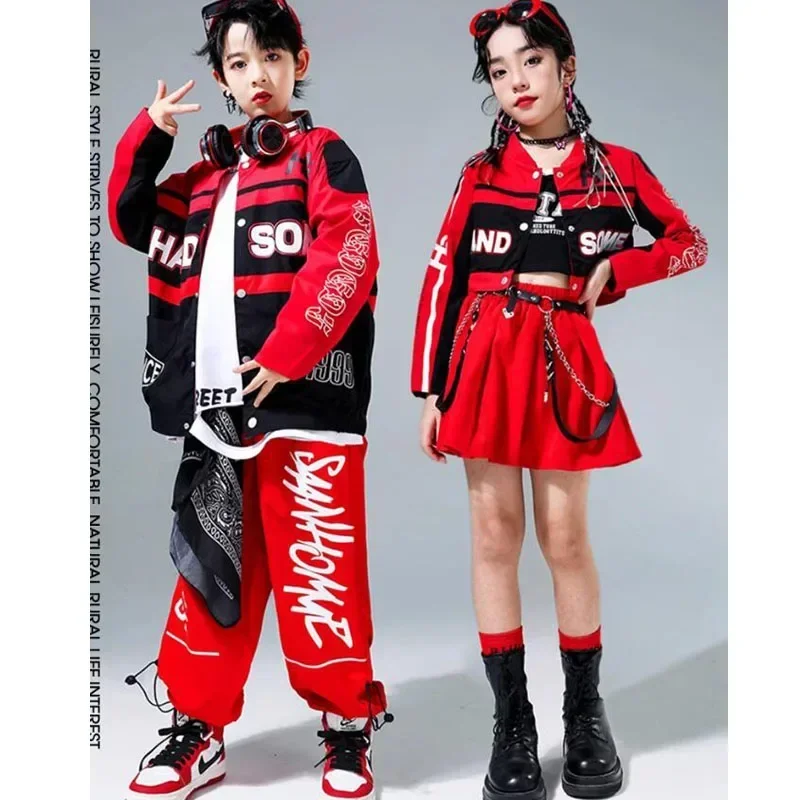 Boys Hip Hop Clothing Contrast Jacket Cargo Pants Girls Red Crop Coat Streetwear Street Dance Costumes Kids Jazz Clothes Sets