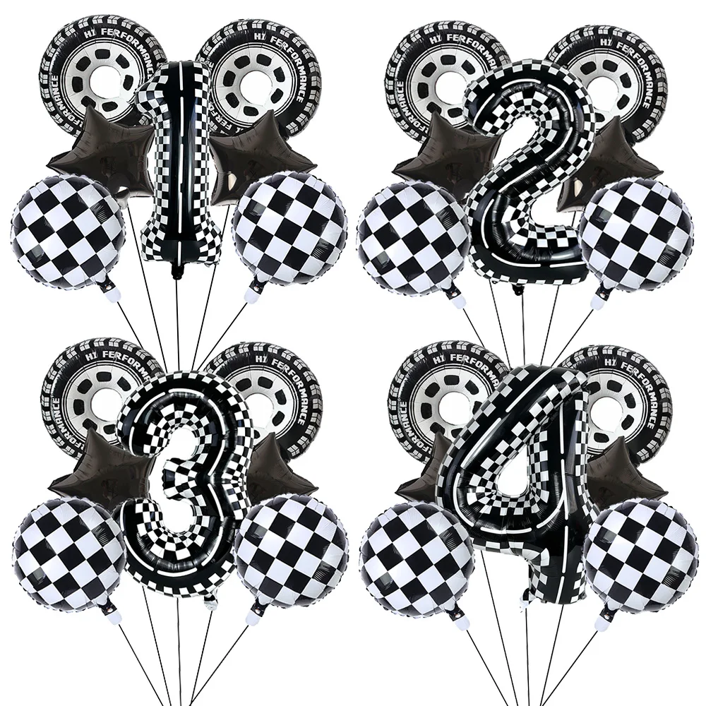 Schachbrettmuster Nummer 4 Luftballons Reifen Rad Schwarz-Weiß Karierte Ballons Set Jungen Rennwagen Thema Geburtstagsparty Deko